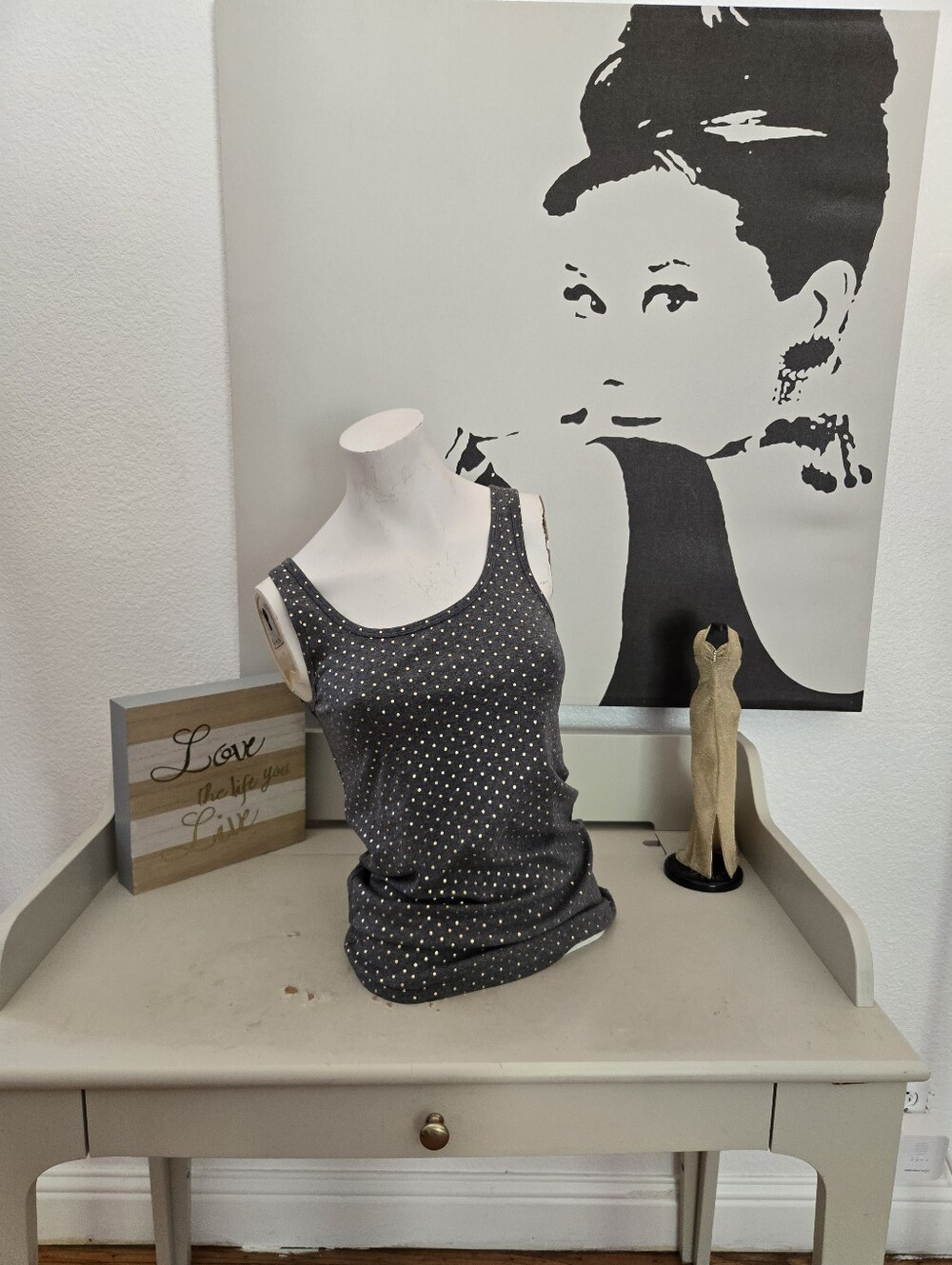 NWT A New Day Women's Gray With Gold Polka Dot Tank Top Size Large
